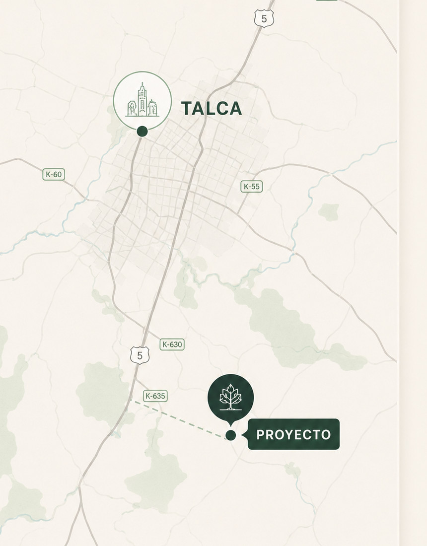 Mapa de ubicación del Fundo Santa Trinidad respecto de Talca y la Ruta 5 Sur