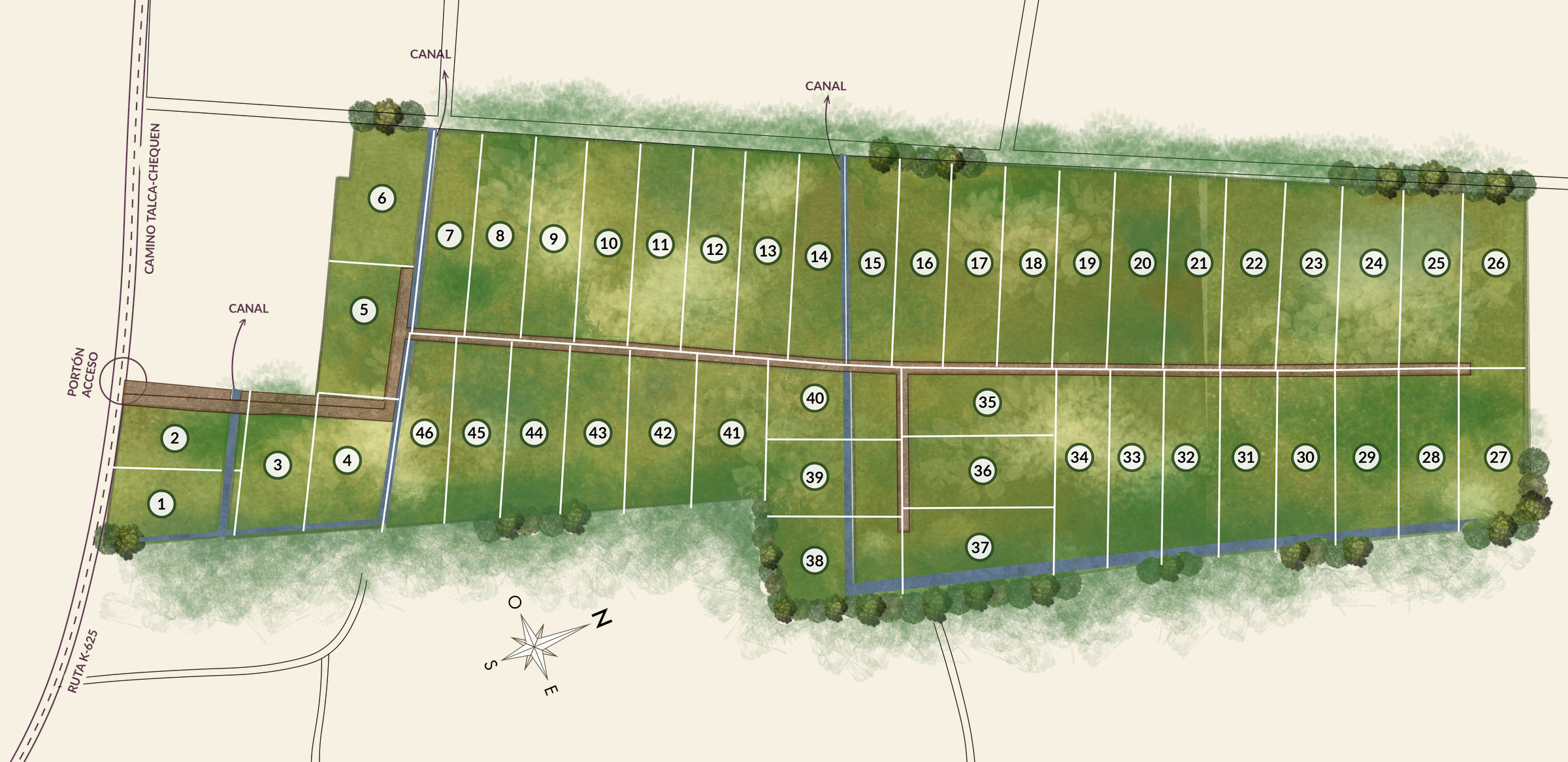Master plan del Fundo Santa Trinidad con los 46 lotes, canales y portón de acceso